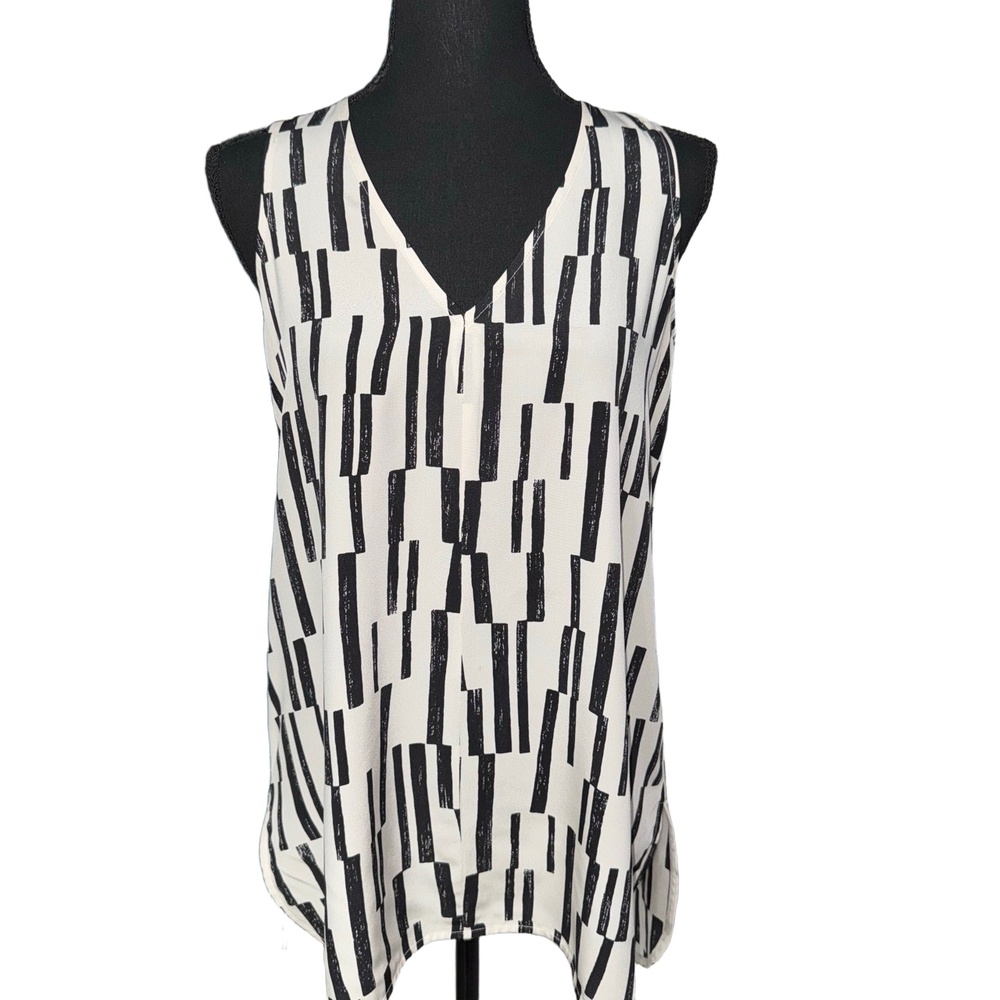 VINCE WOMENS VNECK BLOCK PRINT SLEEVELESS SILK BLOUSE IN BLACK|WHITE-SIZE MEDIUM - Picture 2 of 10